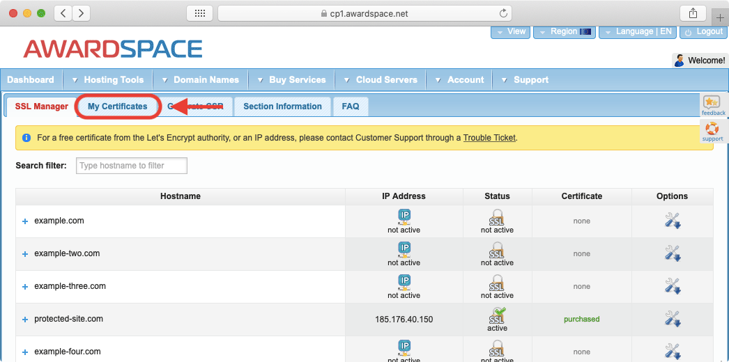 The My Certificates tab at the very top allows you to view all SSL certificates that you have purchased through AwardSpace.