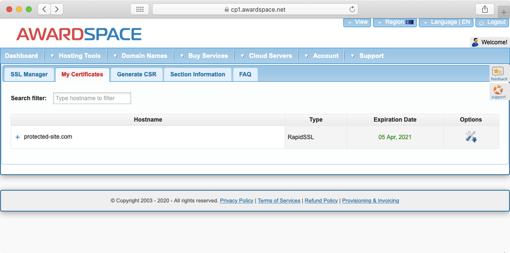 The My Certificates tab shows a table of all SSL certificates that you have ever purchased through AwardSpace.