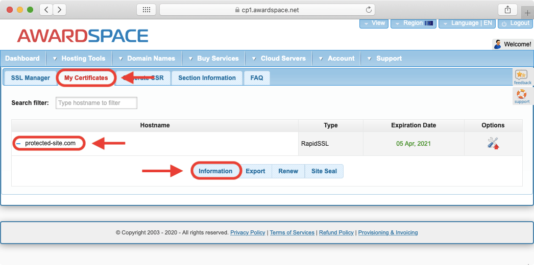 The SSL Manager holds all SSL certificates that you have purchased, so it is possible to have multiple certificates assigned to the same domain name. These certificates will most likely differ by their expiration dates.