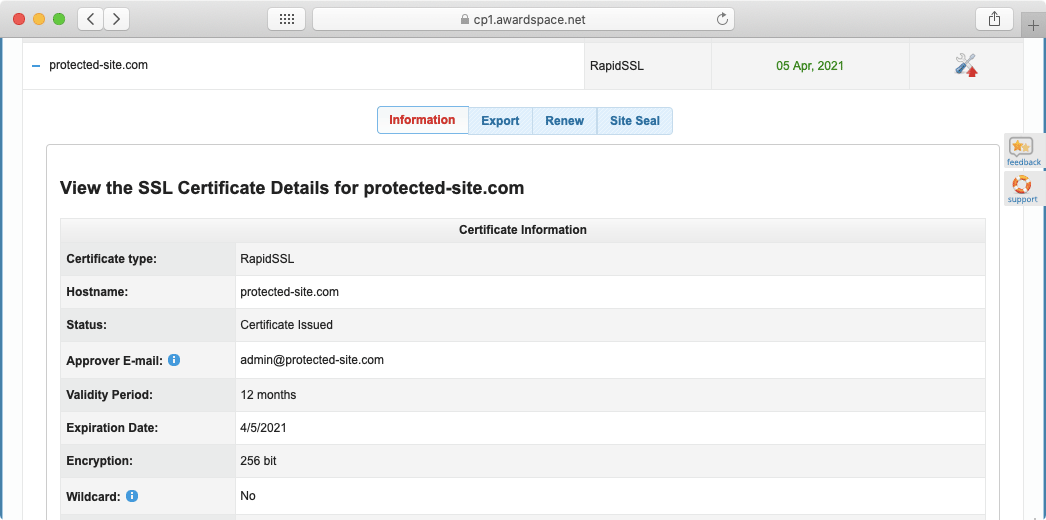 The Information tab first lists important data, such as the SSL’s assigned hostname and the SSL expiration date.