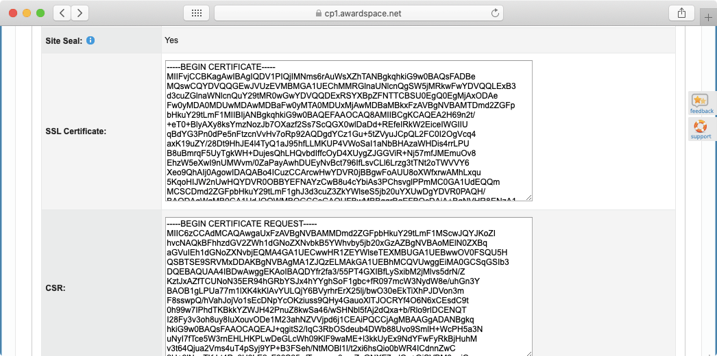 The Information tab will also present you with your SSL certificate in text form.