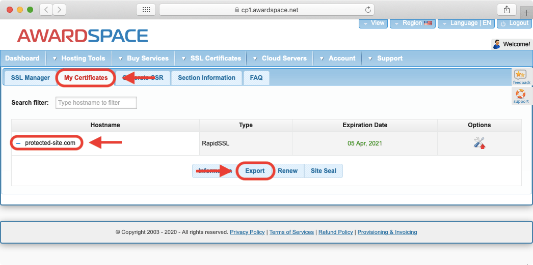 To obtain a backup of your SSL certificate, choose the Export option in the SSL Manager.