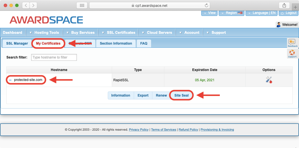 The Site Seal is a handy way to show to your visitors that your website is encrypting their connections.