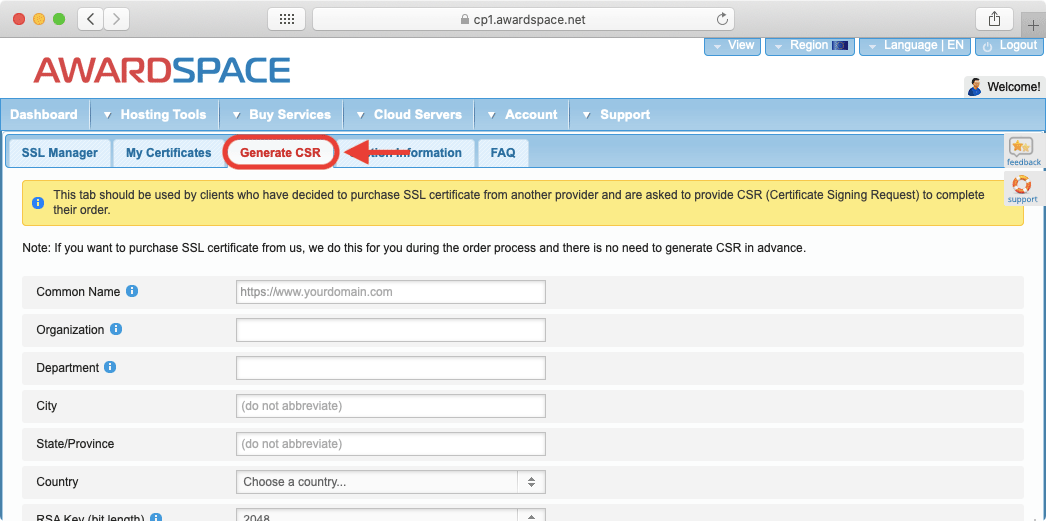 The option to generate a CSR has a dedicated section in the SSL Manager.