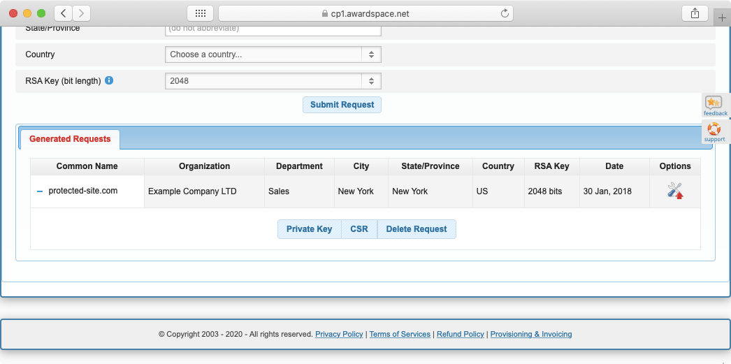 All of your CSRs are neatly organized into a table, much like other sections of our Control Panel.