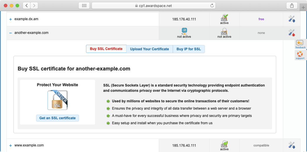 The ability to purchase an SSL certificate is the first option you see when you click on a domain name in our SSL Manager.