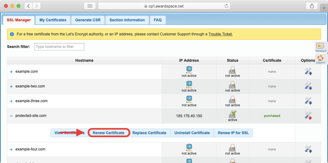 The option to renew your SSL certificate is only present on certificates that are purchased from AwardSpace.