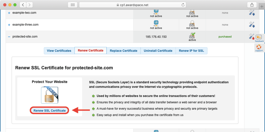 The SSL Manager lists several of the benefits that you gain by having a valid certificate installed on your domain name.
