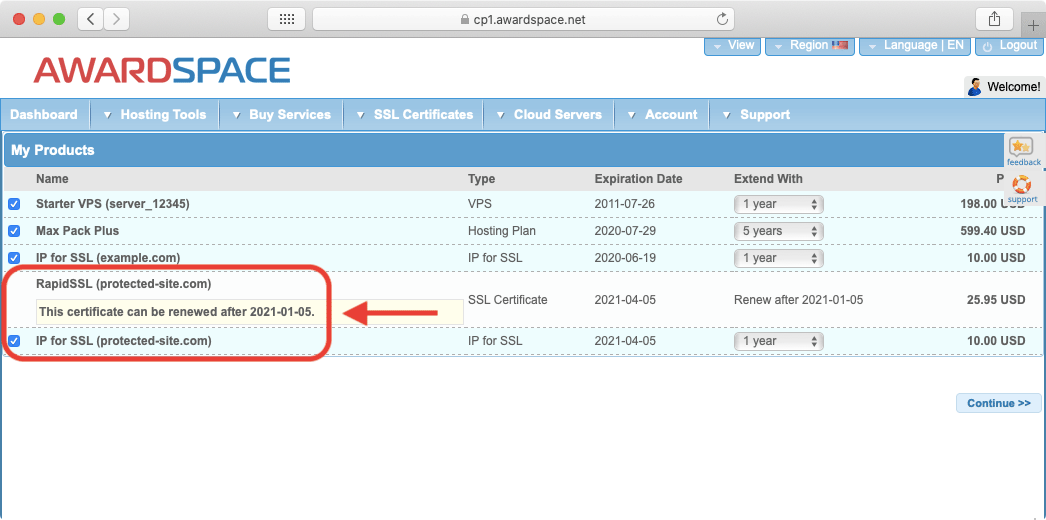 In the services renewal page, you can renew other purchases, such as your paid hosting plan, in addition to your SSL certificate.