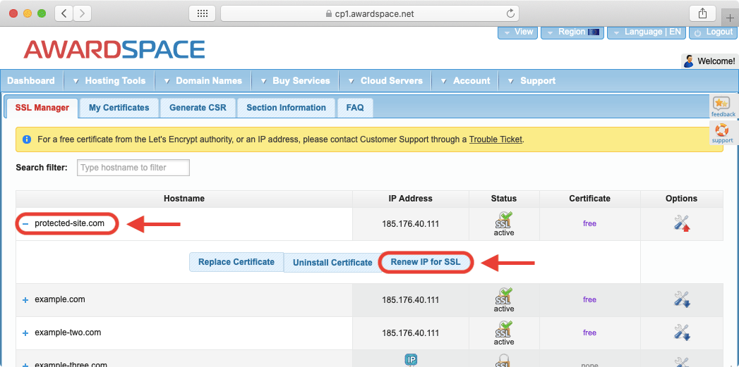 The ability to renew your Private IP for SSL is presented as an option when you click on your domain name in the SSL Manager.