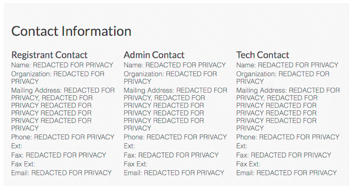 The contact details returned by ICANN’s WHOIS Lookup tool. Since the domain in the example falls under the protection of the GDPR, all data is redacted.